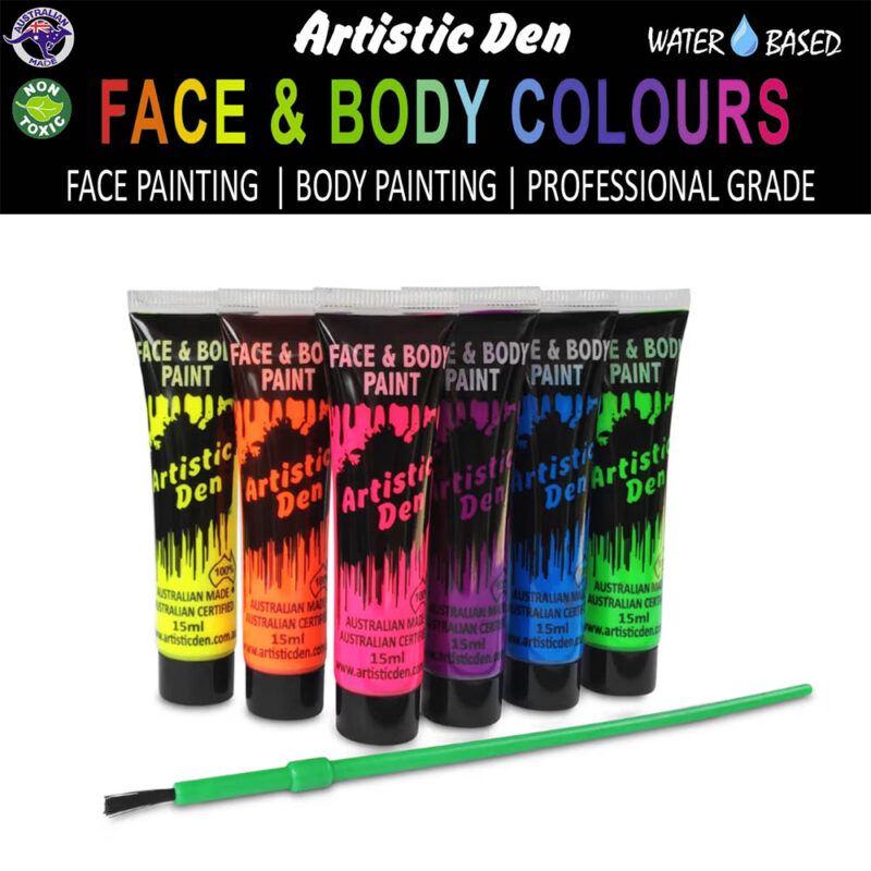 Artistic Den 15ml Face and Body UV Neon Paint Tubes, Amazing Set of 6
