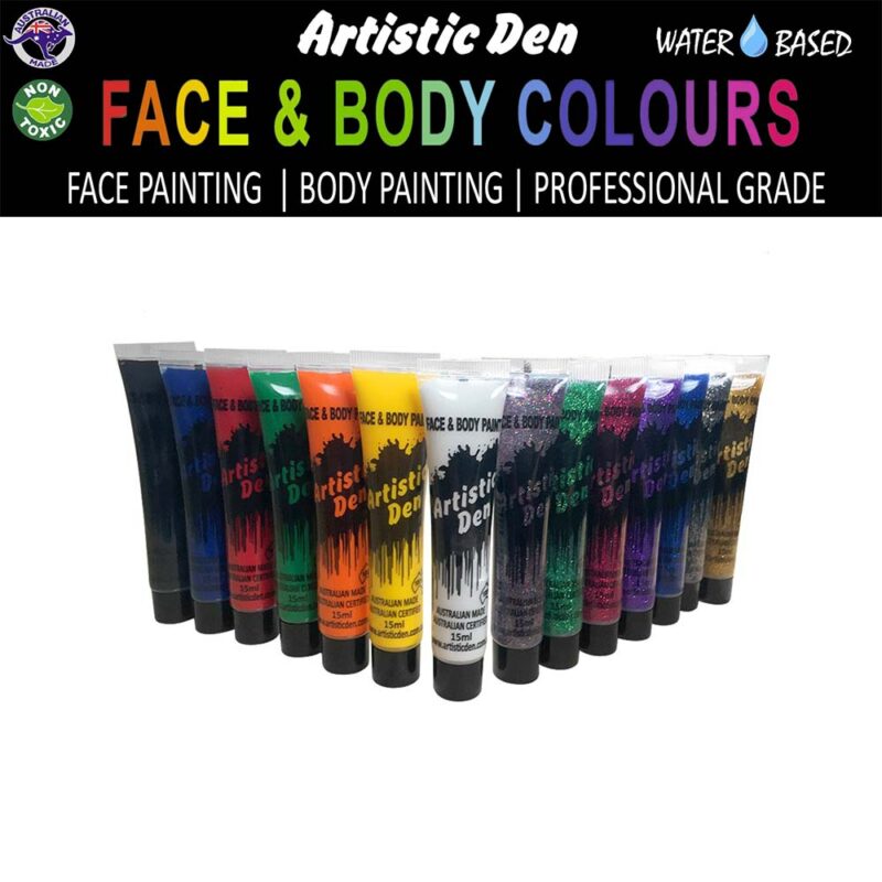 Artistic Den Face And Body Paint 15ml Primary and Glitter Collection Set of 14