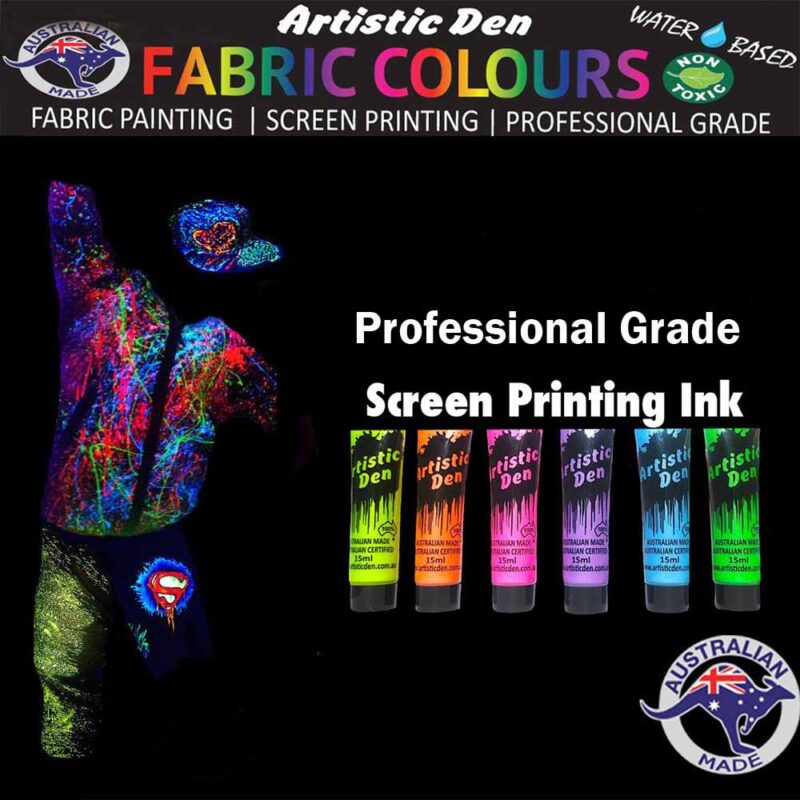 Artistic Den Uv Glow Metallic Screen Printing Ink Set 6 x (15ml 1L)