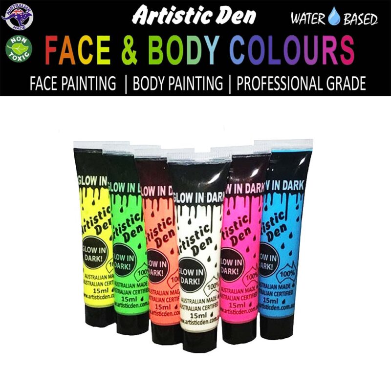 Artistic Den 15ml Glow In The Dark Face Paint Tubes Set of 6 With Blacklight
