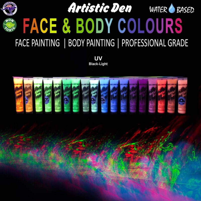 rtistic Den 15ml UV Glow Face & Body Paint Tubes, Set of 18 With Blacklight