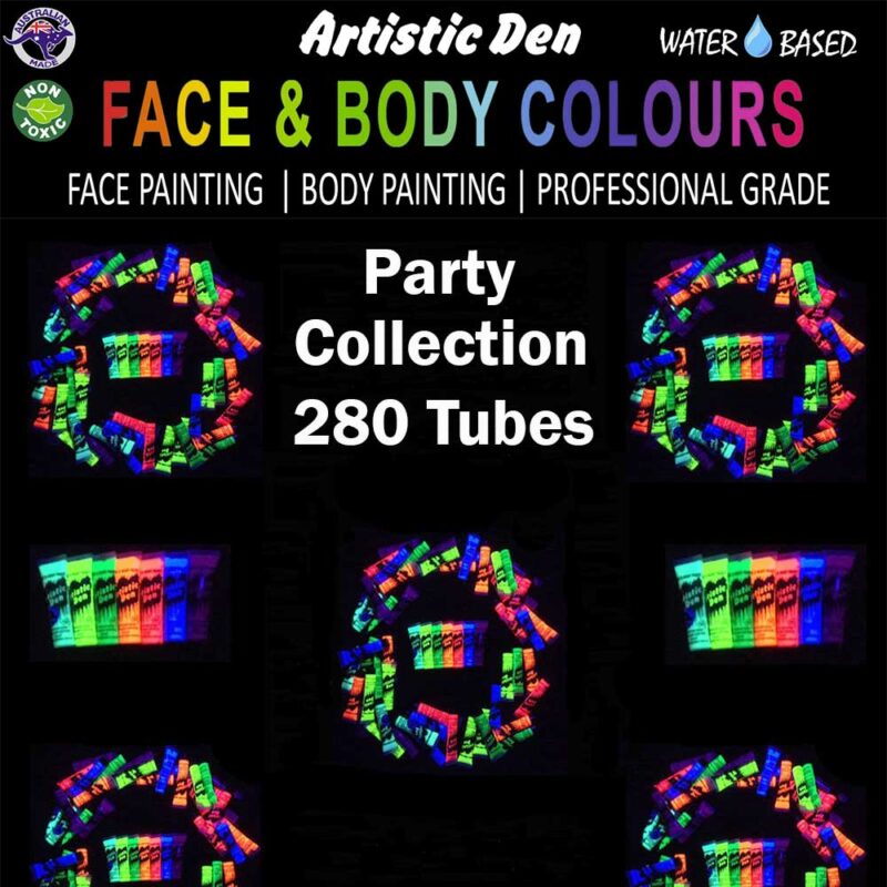 Artistic Den 15ml Party Pack, Uv Glow Neon Face Body Paint, 280 Tubes